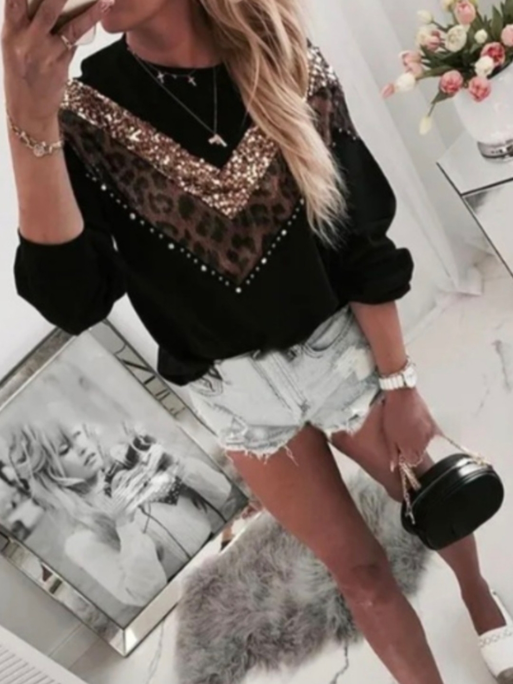 Luxury Sequin & Leopard Print V-Chevron Black Sweatshirt / Blouse.